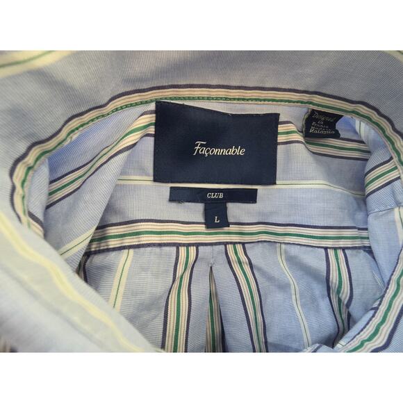 Faconnable Club Dress Shirt Men's L 100% Cotton Blue Green Stripe Preppy - Picture 4 of 9